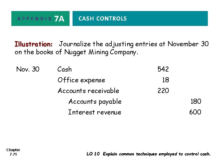 Illustration: Journalize the adjusting entries at November 30 on the books of Nugget Mining