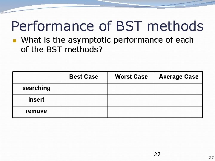 Performance of BST methods What is the asymptotic performance of each of the BST