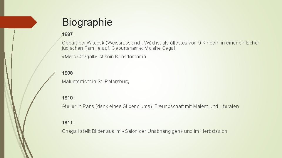 Biographie 1887: Geburt bei Witebsk (Weissrussland). Wächst als ältestes von 9 Kindern in einer