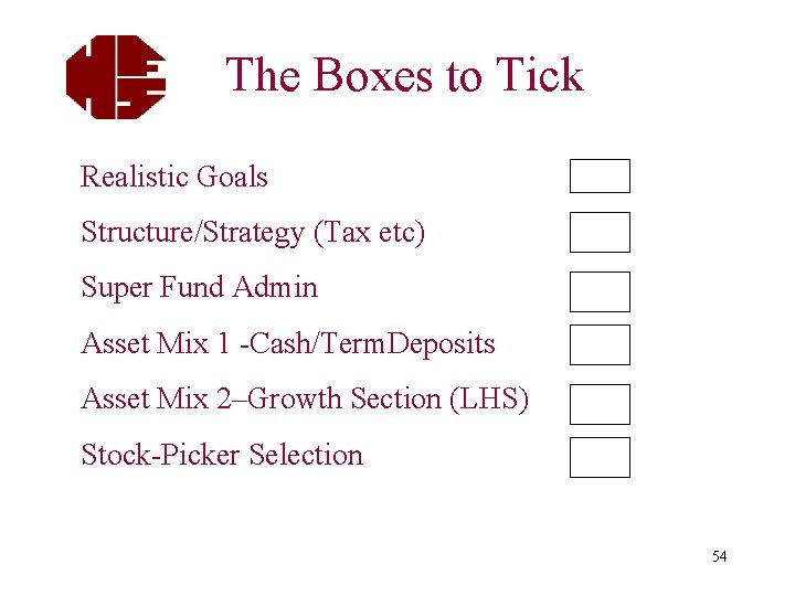 The Boxes to Tick Realistic Goals Structure/Strategy (Tax etc) Super Fund Admin Asset Mix