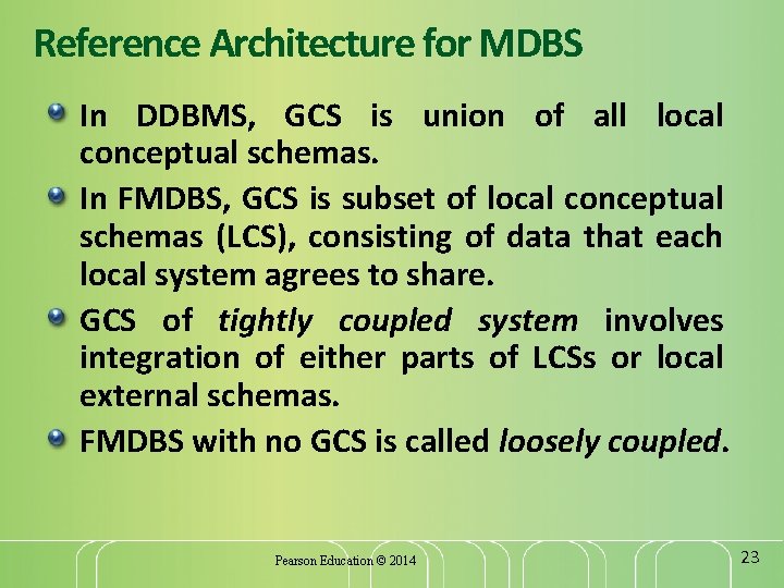 Reference Architecture for MDBS In DDBMS, GCS is union of all local conceptual schemas.