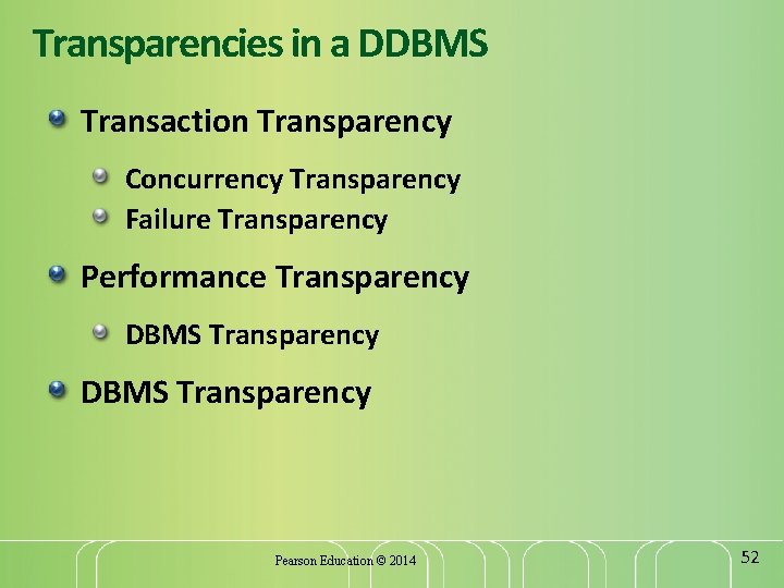Transparencies in a DDBMS Transaction Transparency Concurrency Transparency Failure Transparency Performance Transparency DBMS Transparency