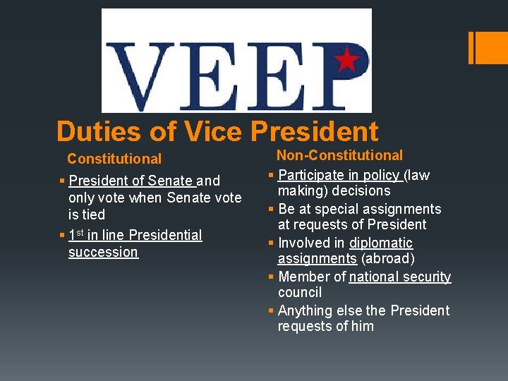 Duties of Vice President Constitutional § President of Senate and only vote when Senate