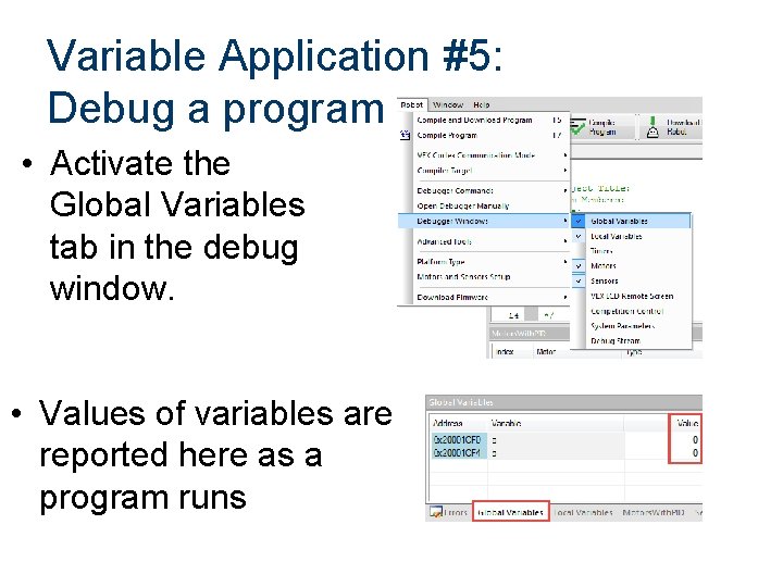 Variable Application #5: Debug a program • Activate the Global Variables tab in the