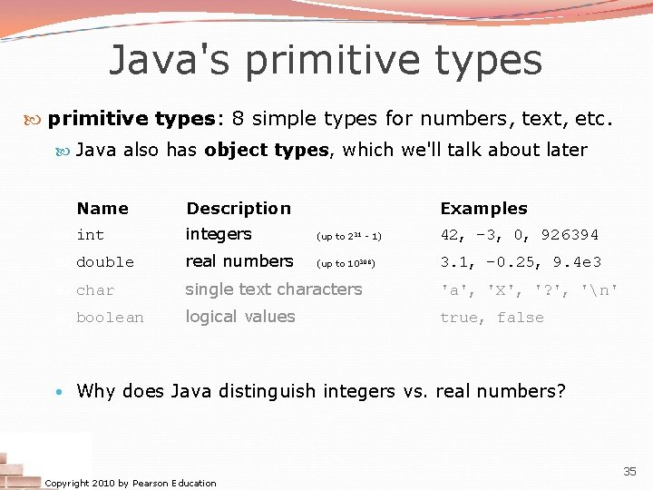 Java's primitive types: 8 simple types for numbers, text, etc. Java also has object Java's primitive types: 8 simple types for numbers, text, etc. Java also has object