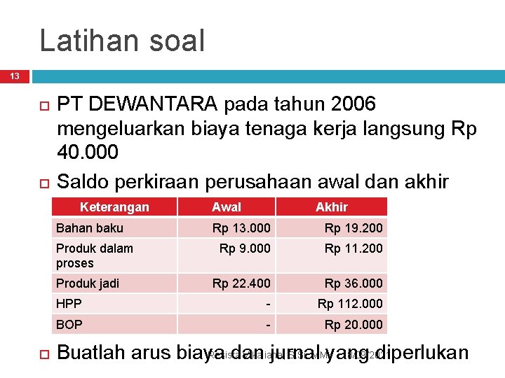 Latihan soal 13 PT DEWANTARA pada tahun 2006 mengeluarkan biaya tenaga kerja langsung Rp