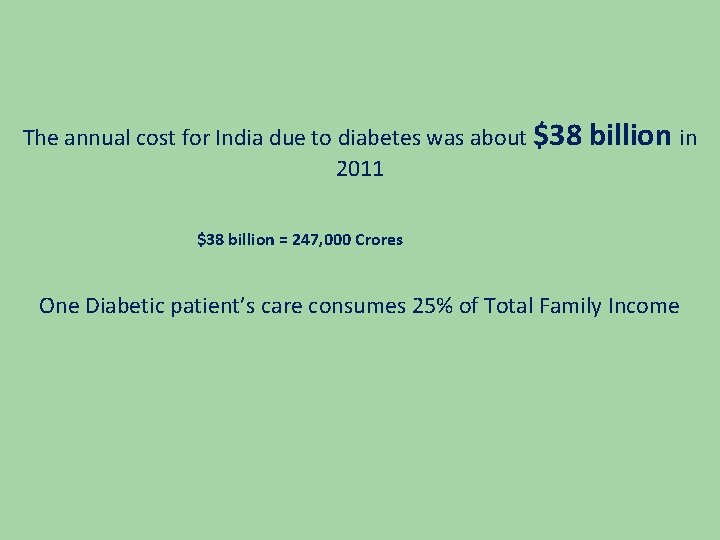 The annual cost for India due to diabetes was about $38 2011 billion in