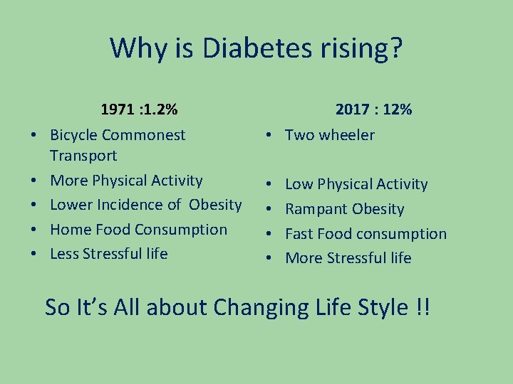 Why is Diabetes rising? 1971 : 1. 2% • Bicycle Commonest Transport • More