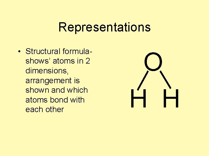 Representations • Structural formulashows’ atoms in 2 dimensions, arrangement is shown and which atoms