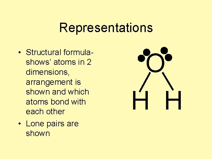 Representations • Structural formulashows’ atoms in 2 dimensions, arrangement is shown and which atoms