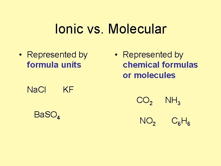Ionic vs. Molecular • Represented by formula units Na. Cl • Represented by chemical