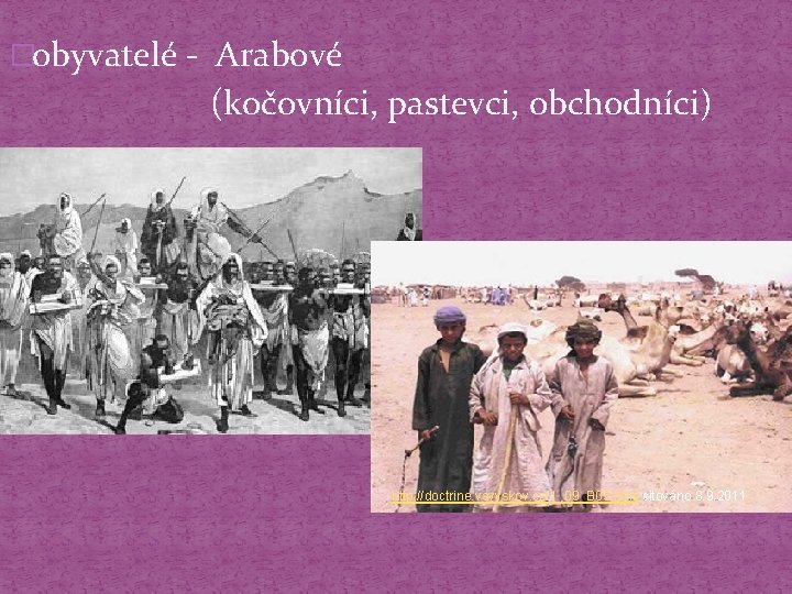 �obyvatelé - Arabové (kočovníci, pastevci, obchodníci) http: //doctrine. vavyskov. cz/1_09_B 05. html citováno 8.