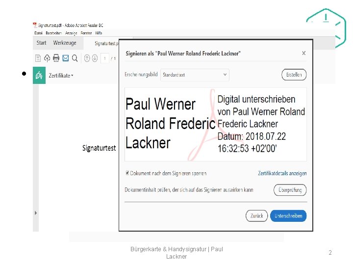 Dokumentensignatur - PDF • Adobe Reader (kostenlos) Bürgerkarte & Handysignatur | Paul Lackner 2