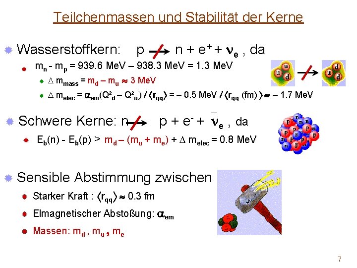 Teilchenmassen und Stabilität der Kerne ® Wasserstoffkern: ® mn - mp = 939. 6