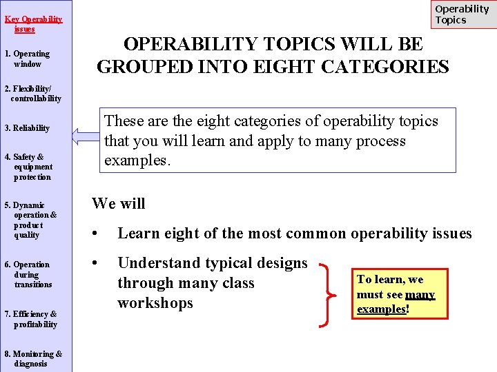 Key Operability issues 1. Operating window Operability Topics OPERABILITY TOPICS WILL BE GROUPED INTO