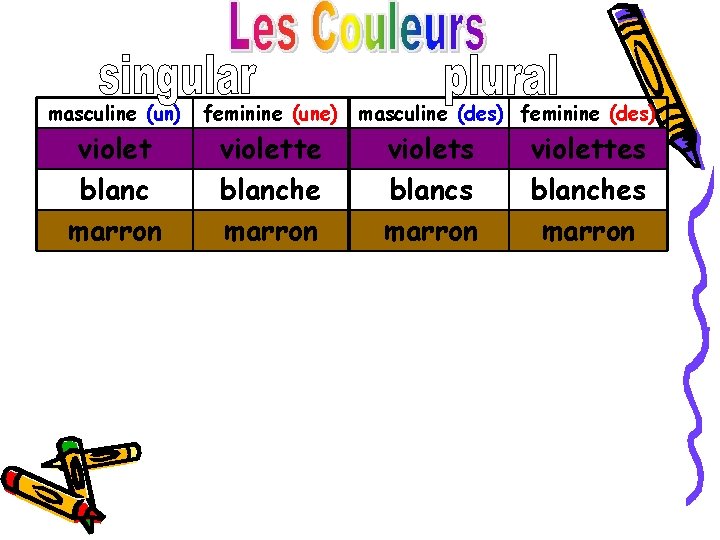 masculine (un) violet blanc marron feminine (une) masculine (des) feminine (des) violette blanche marron