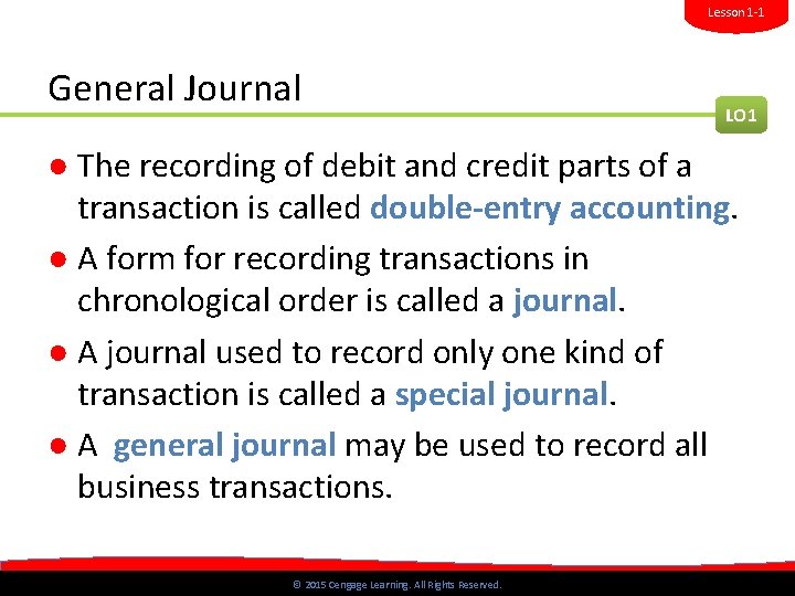 Lesson 1 -1 General Journal LO 1 ● The recording of debit and credit