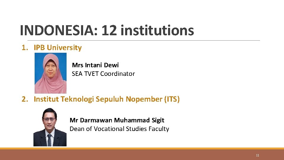 INDONESIA: 12 institutions 1. IPB University Mrs Intani Dewi SEA TVET Coordinator 2. Institut
