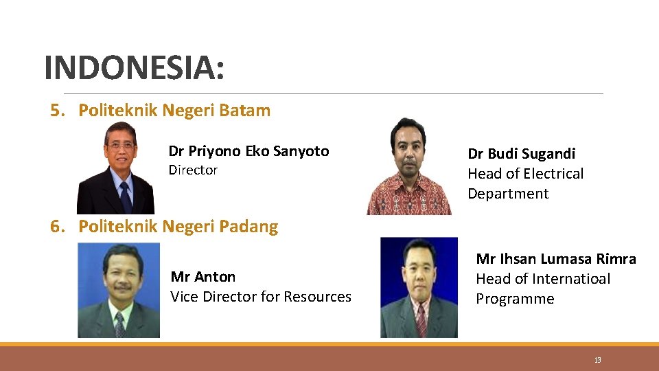 INDONESIA: 5. Politeknik Negeri Batam Dr Priyono Eko Sanyoto Director Dr Budi Sugandi Head