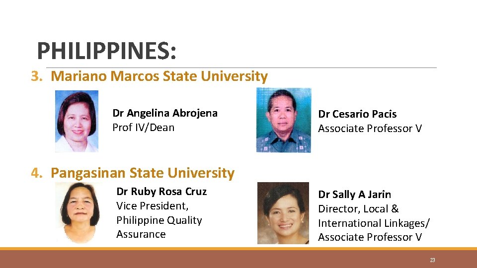 PHILIPPINES: 3. Mariano Marcos State University Dr Angelina Abrojena Prof IV/Dean Dr Cesario Pacis