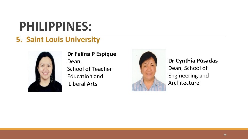 PHILIPPINES: 5. Saint Louis University Dr Felina P Espique Dean, School of Teacher Education