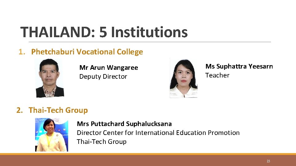 THAILAND: 5 Institutions 1. Phetchaburi Vocational College Mr Arun Wangaree Deputy Director Ms Suphattra