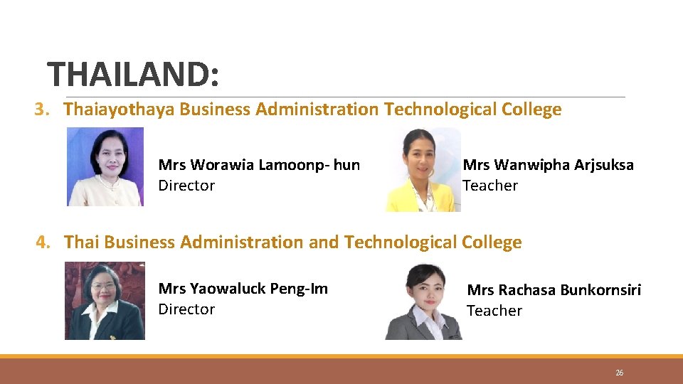 THAILAND: 3. Thaiayothaya Business Administration Technological College Mrs Worawia Lamoonp- hun Director Mrs Wanwipha