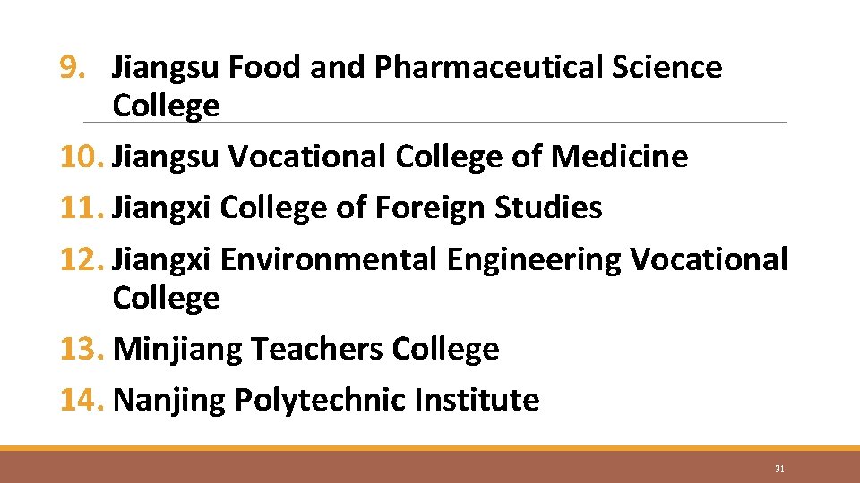 9. Jiangsu Food and Pharmaceutical Science College 10. Jiangsu Vocational College of Medicine 11.