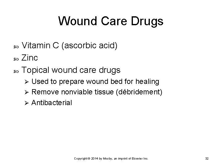 Wound Care Drugs Vitamin C (ascorbic acid) Zinc Topical wound care drugs Used to