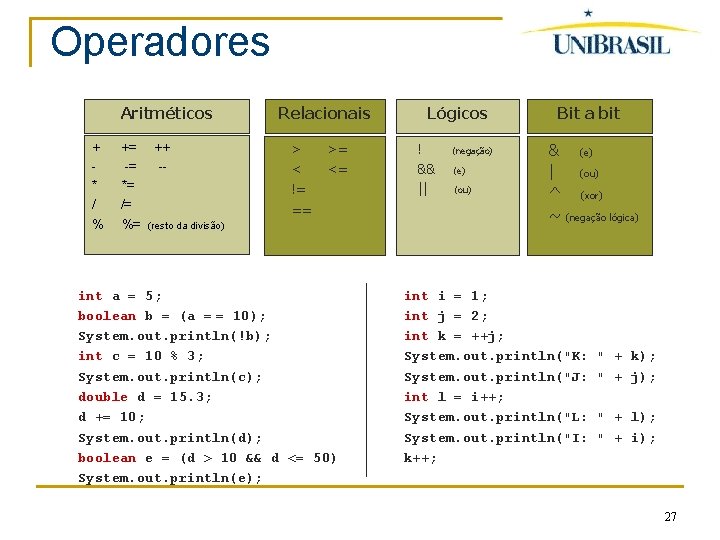 Operadores Aritméticos + * / += -= *= /= % %= ++ -- Relacionais