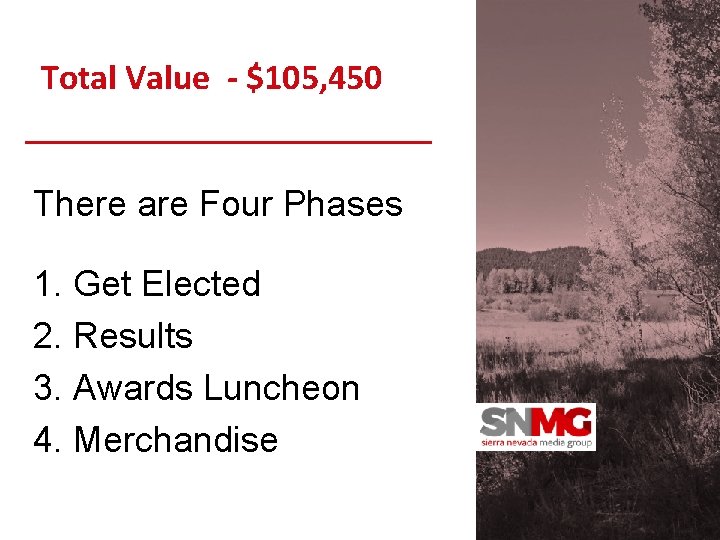 Total Value - $105, 450 There are Four Phases 1. Get Elected 2. Results