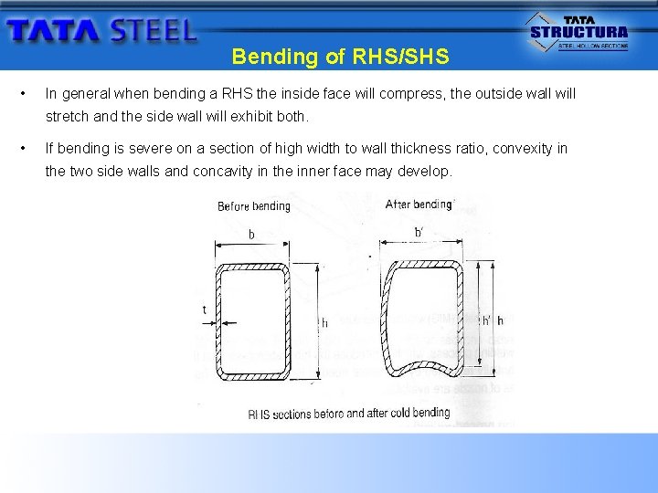 Bending of RHS/SHS • In general when bending a RHS the inside face will