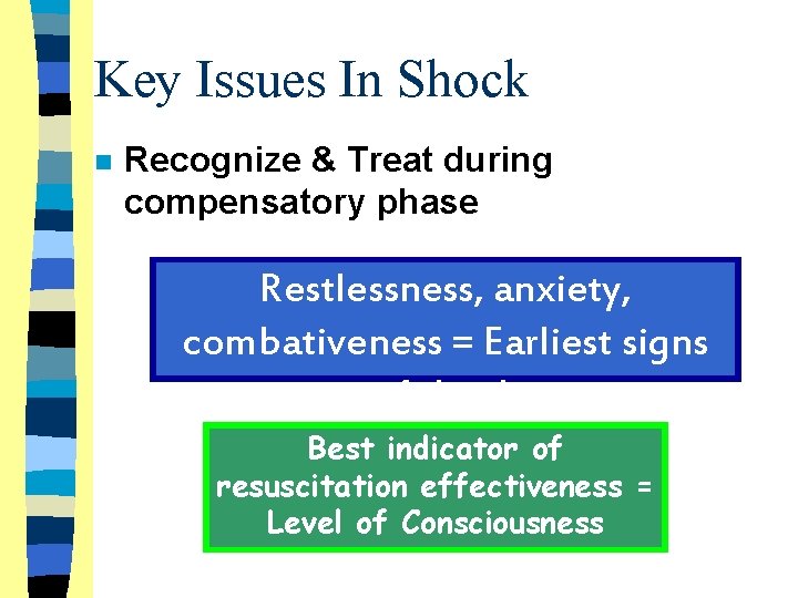 Key Issues In Shock n Recognize & Treat during compensatory phase Restlessness, anxiety, combativeness