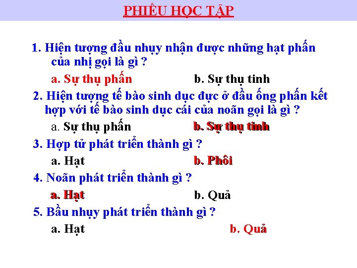 PHIẾU HỌC TẬP 1. Hiện tượng đầu nhụy nhận được những hạt phấn của