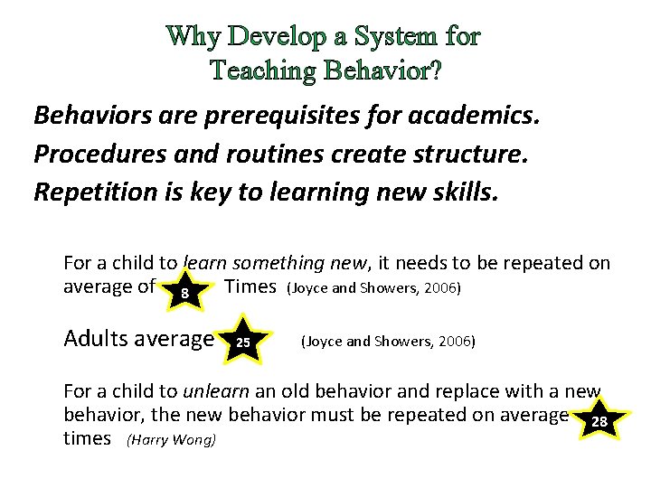Why Develop a System for Teaching Behavior? Behaviors are prerequisites for academics. Procedures and