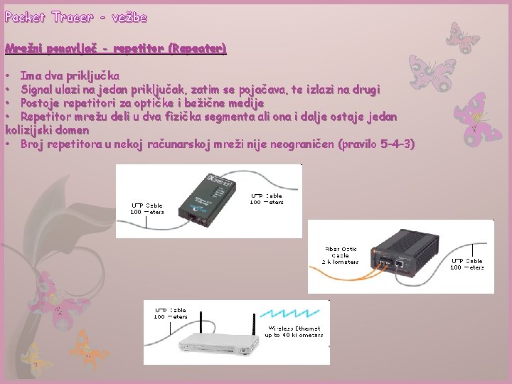 Packet Tracer - vežbe Mrežni ponavljač - repetitor (Repeater) • Ima dva priključka • Packet Tracer - vežbe Mrežni ponavljač - repetitor (Repeater) • Ima dva priključka •
