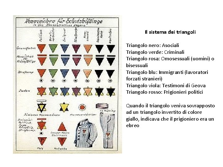Il sistema dei triangoli Triangolo nero: Asociali Triangolo verde: Criminali Triangolo rosa: Omosessuali (uomini)