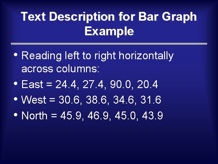 Text Description for Bar Graph Example • Reading left to right horizontally • •