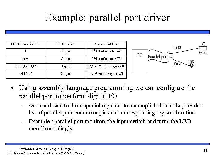 Example: parallel port driver LPT Connection Pin I/O Direction Register Address 1 Output 0