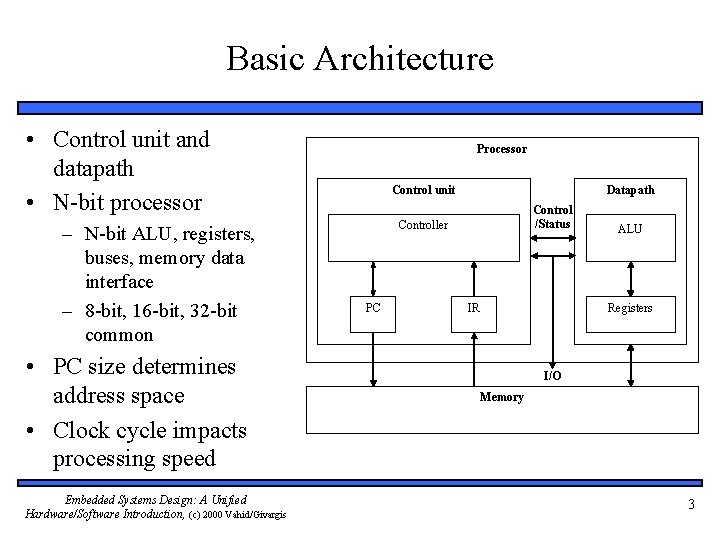 Basic Architecture • Control unit and datapath • N-bit processor – N-bit ALU, registers,