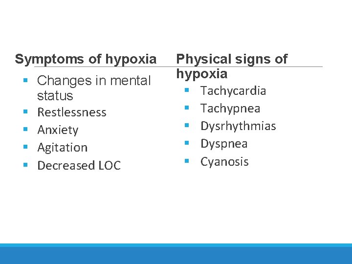 Symptoms of hypoxia § Changes in mental status § Restlessness § Anxiety § Agitation
