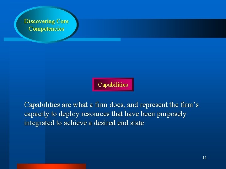Discovering Core Competencies Capabilities are what a firm does, and represent the firm’s capacity