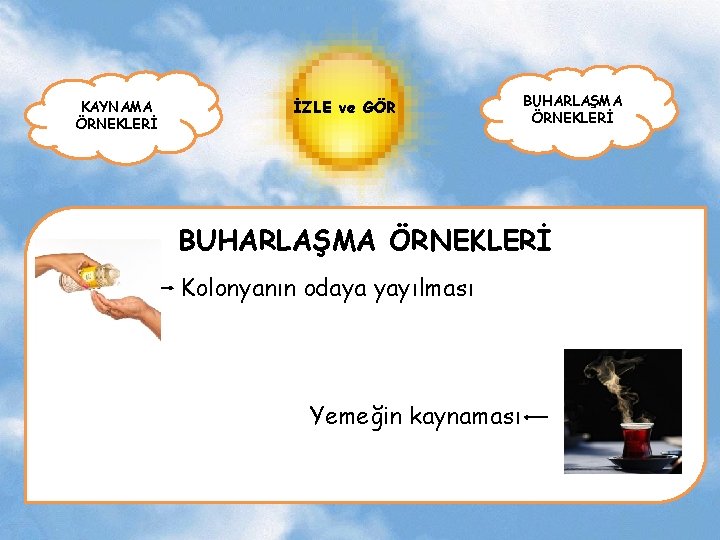 KAYNAMA ÖRNEKLERİ İZLE ve GÖR BUHARLAŞMA ÖRNEKLERİ Kolonyanın odaya yayılması Yemeğin kaynaması 