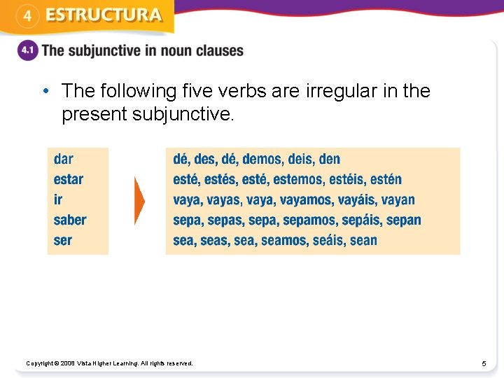  • The following five verbs are irregular in the present subjunctive. Copyright ©