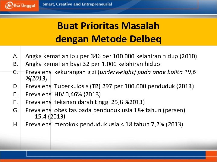 Buat Prioritas Masalah dengan Metode Delbeq A. Angka kematian ibu per 346 per 100. Buat Prioritas Masalah dengan Metode Delbeq A. Angka kematian ibu per 346 per 100.