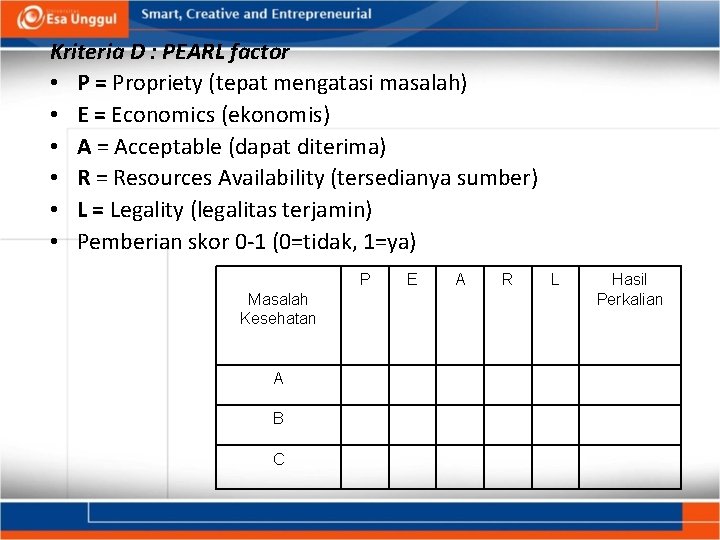 Kriteria D : PEARL factor • P = Propriety (tepat mengatasi masalah) • E Kriteria D : PEARL factor • P = Propriety (tepat mengatasi masalah) • E