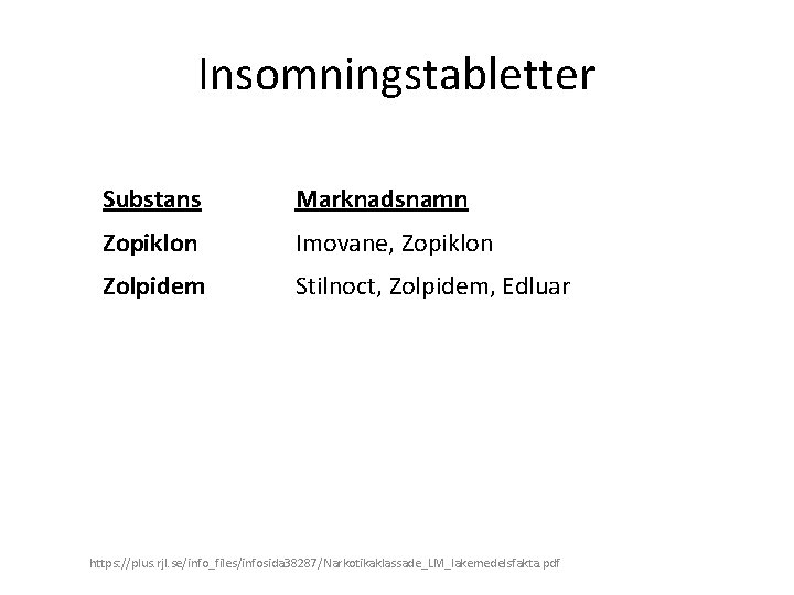 Insomningstabletter Substans Marknadsnamn Zopiklon Imovane, Zopiklon Zolpidem Stilnoct, Zolpidem, Edluar https: //plus. rjl. se/info_files/infosida