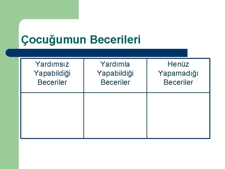 Çocuğumun Becerileri Yardımsız Yapabildiği Beceriler Yardımla Yapabildiği Beceriler Henüz Yapamadığı Beceriler 