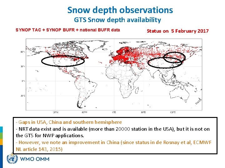 Snow depth observations GTS Snow depth availability SYNOP TAC + SYNOP BUFR + national