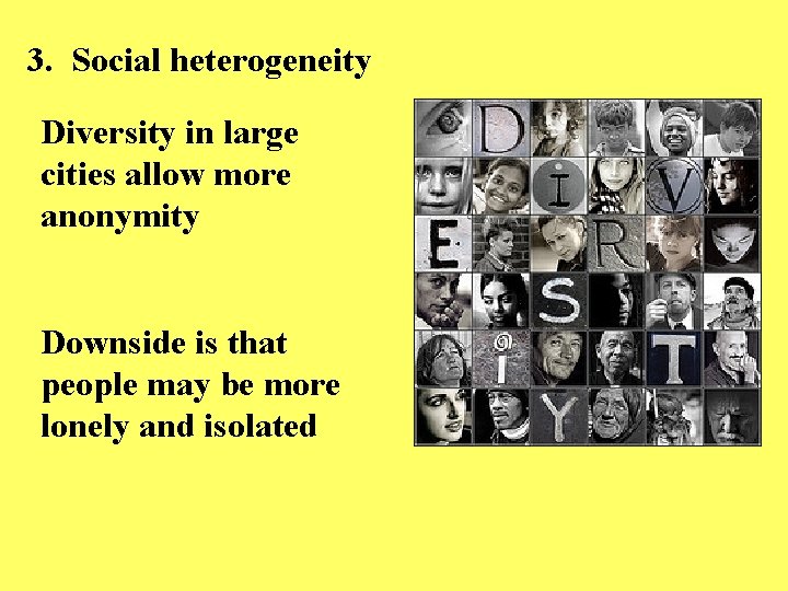 3. Social heterogeneity Diversity in large cities allow more anonymity Downside is that people